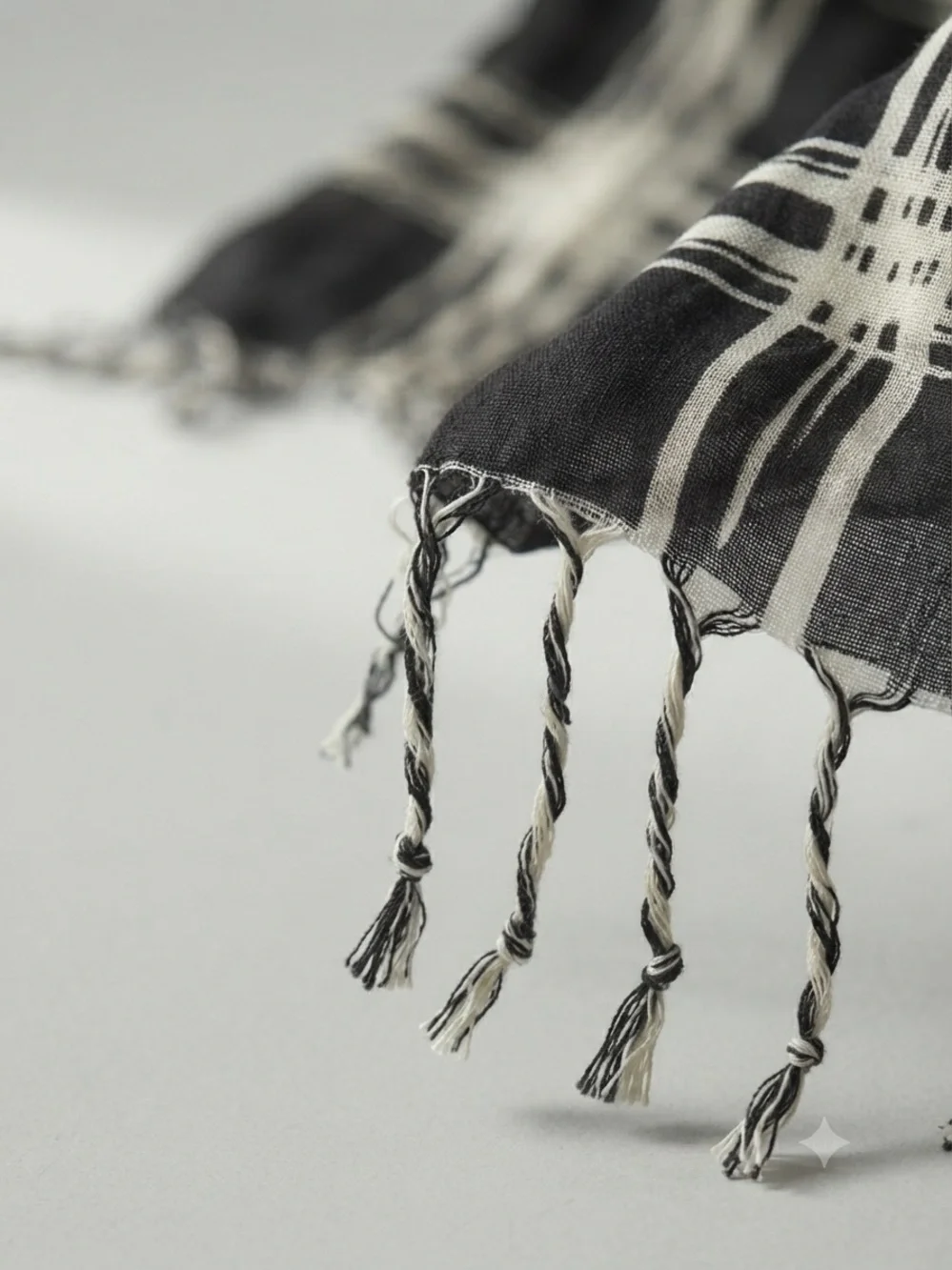 Black & White Abstract Plaid Rayon Tassel Scarf
